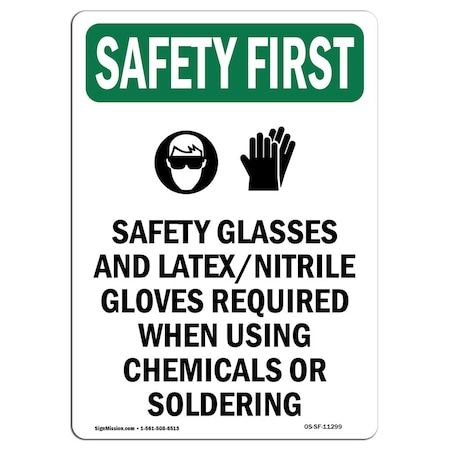 OSHA SAFETY FIRST Sign, Safety Glasses And W/ Symbol, 14in X 10in Rigid Plastic